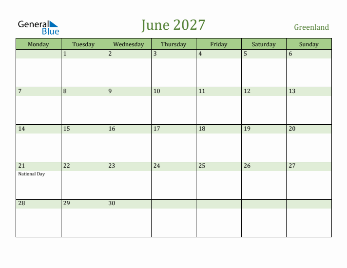 June 2027 Calendar with Greenland Holidays