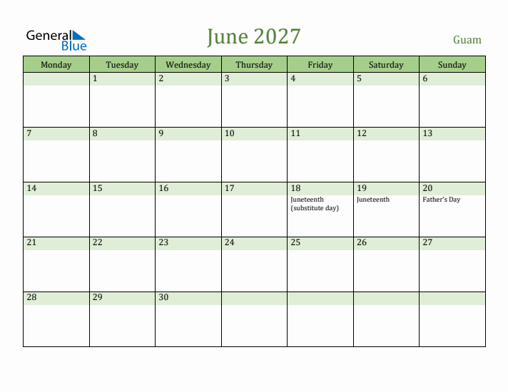 June 2027 Calendar with Guam Holidays