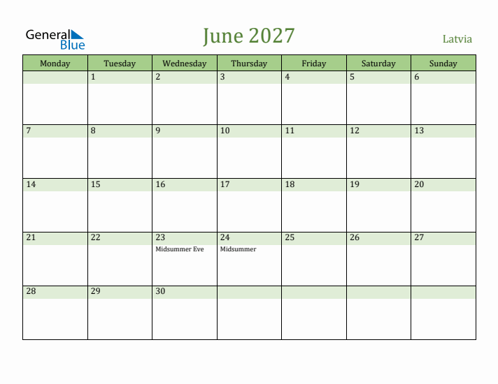 June 2027 Calendar with Latvia Holidays