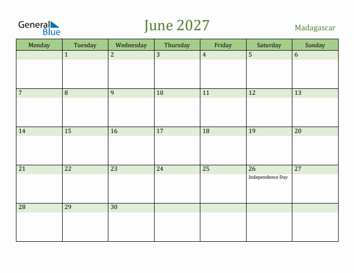 June 2027 Calendar with Madagascar Holidays