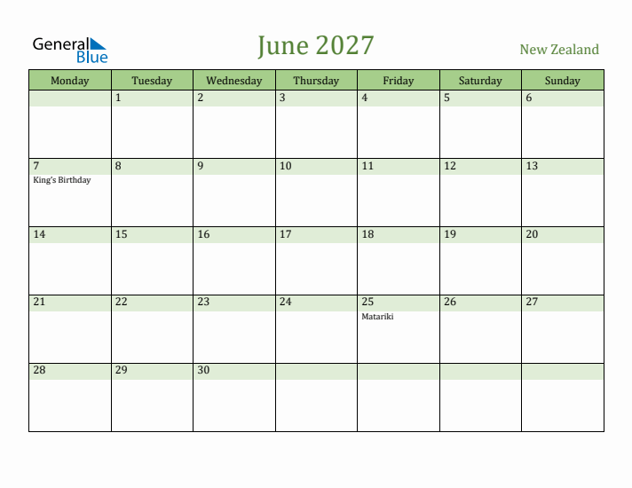 June 2027 Calendar with New Zealand Holidays