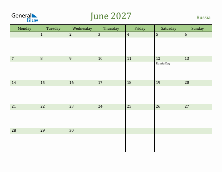 June 2027 Calendar with Russia Holidays