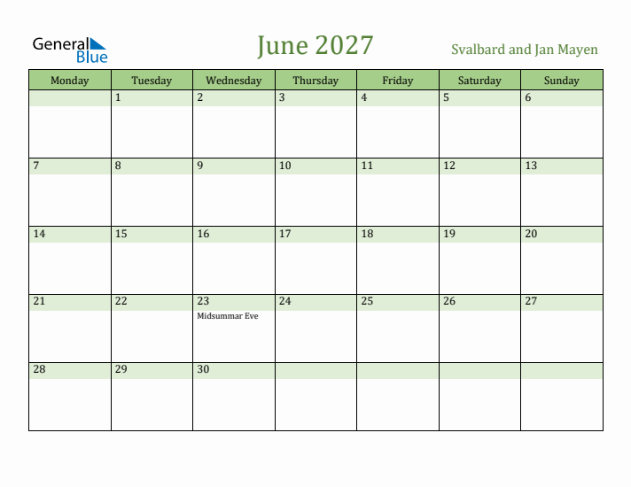 June 2027 Calendar with Svalbard and Jan Mayen Holidays