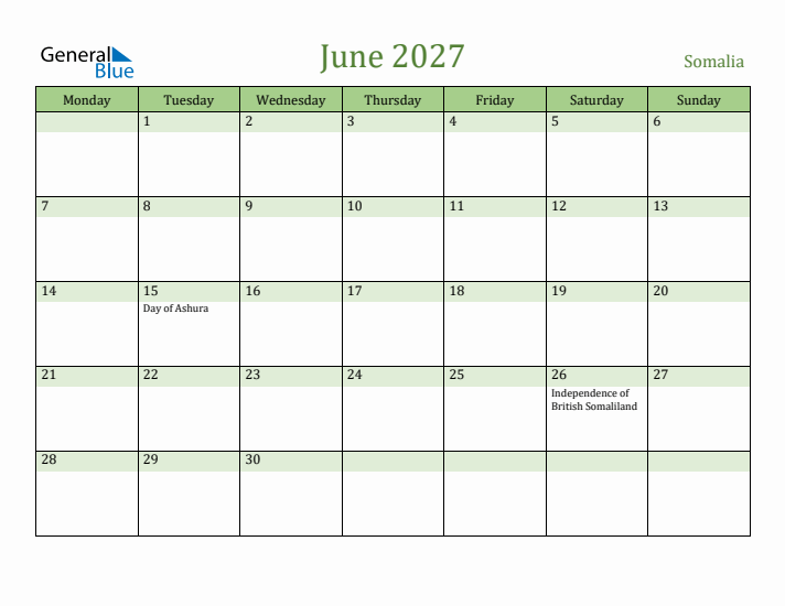 June 2027 Calendar with Somalia Holidays