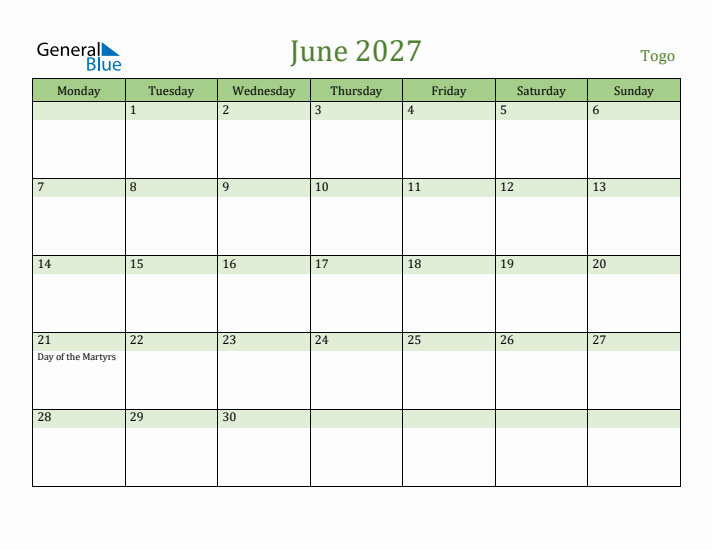 June 2027 Calendar with Togo Holidays