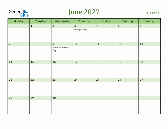 June 2027 Calendar with Uganda Holidays