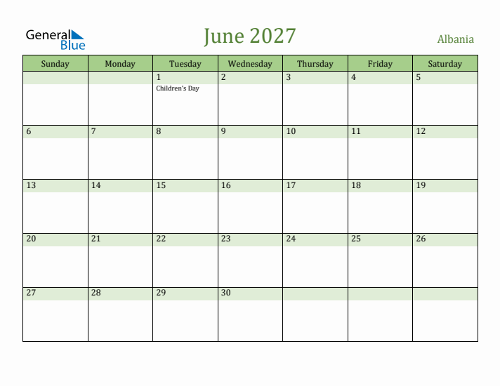 June 2027 Calendar with Albania Holidays