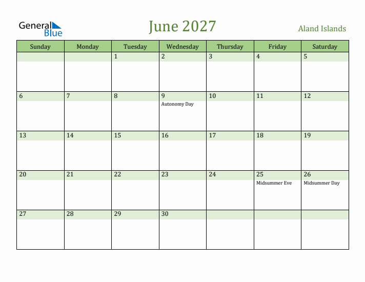 June 2027 Calendar with Aland Islands Holidays