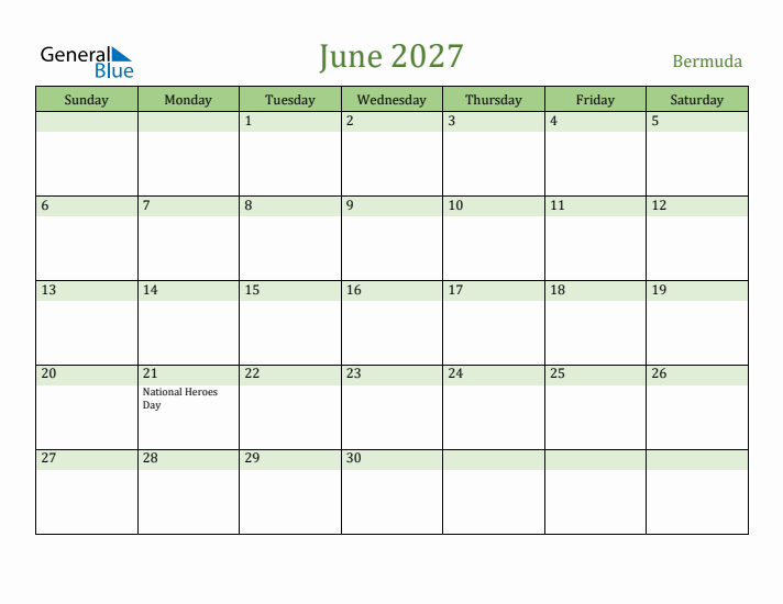 June 2027 Calendar with Bermuda Holidays