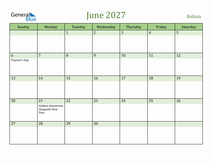 June 2027 Calendar with Bolivia Holidays