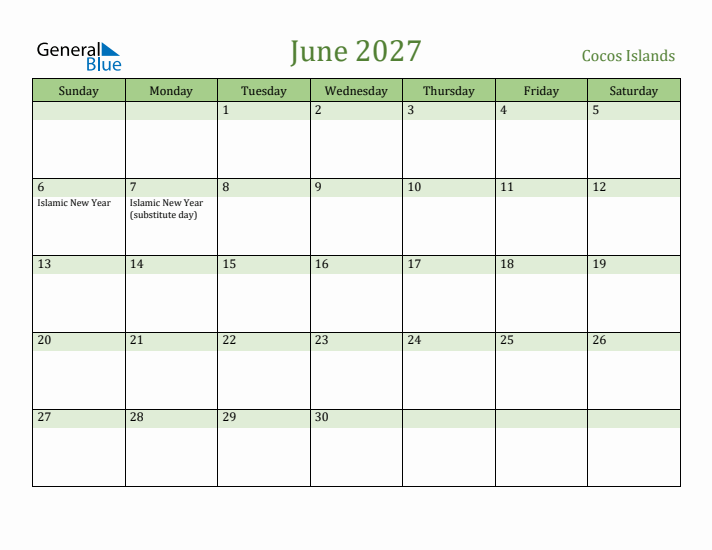 June 2027 Calendar with Cocos Islands Holidays