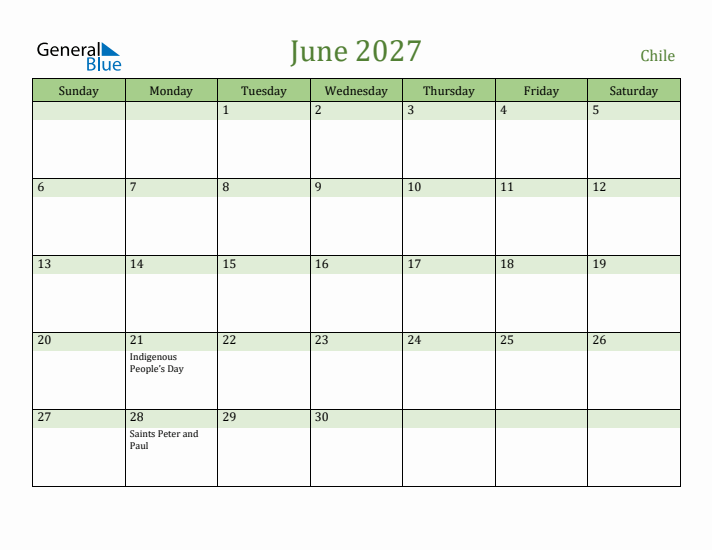 June 2027 Calendar with Chile Holidays