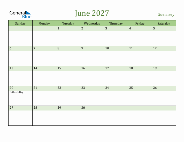 June 2027 Calendar with Guernsey Holidays