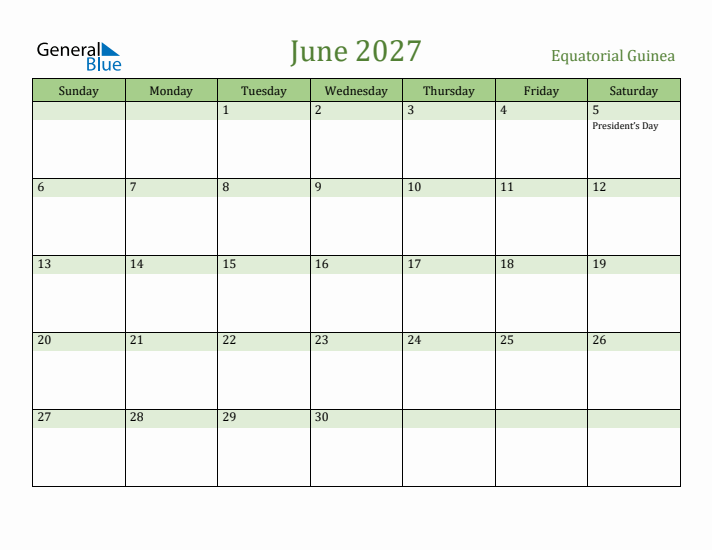 June 2027 Calendar with Equatorial Guinea Holidays