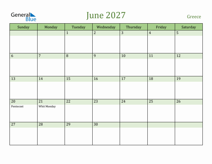 June 2027 Calendar with Greece Holidays