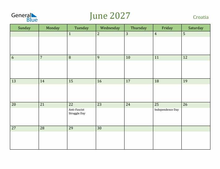 June 2027 Calendar with Croatia Holidays