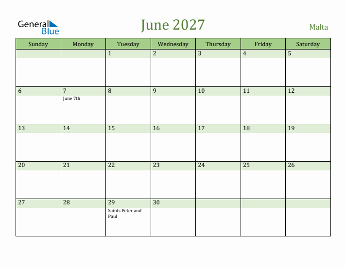 June 2027 Calendar with Malta Holidays