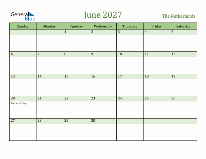 June 2027 Calendar with The Netherlands Holidays