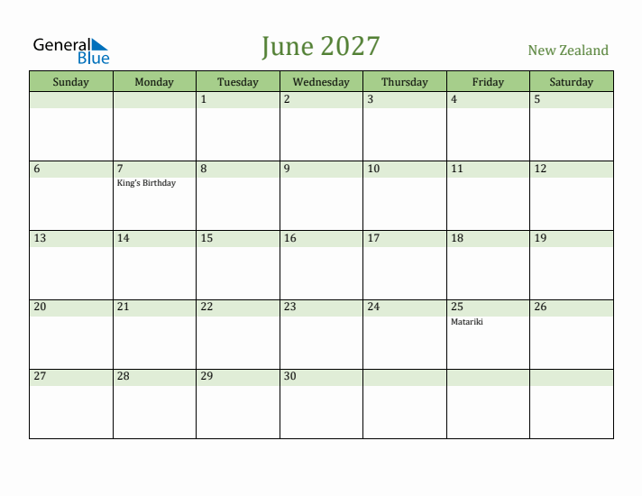 June 2027 Calendar with New Zealand Holidays