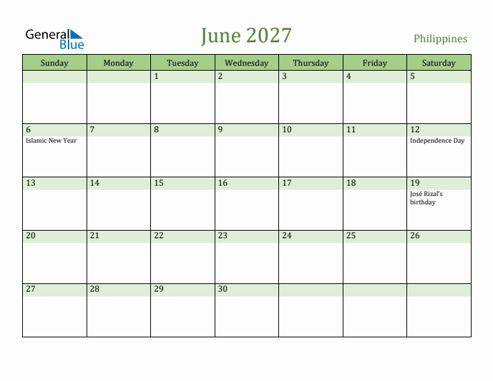 June 2027 Calendar with Philippines Holidays