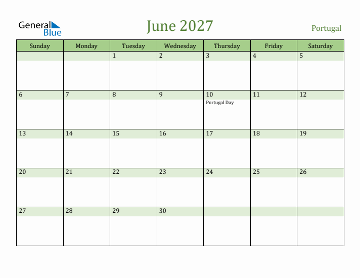 June 2027 Calendar with Portugal Holidays