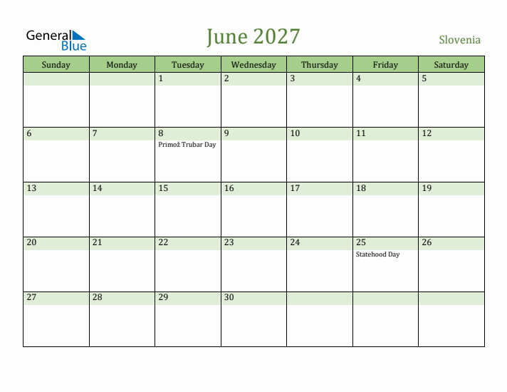 June 2027 Calendar with Slovenia Holidays