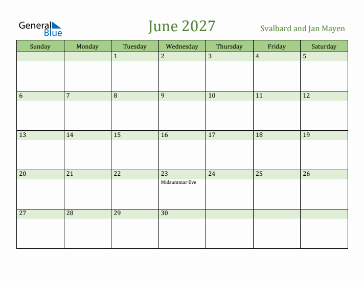 June 2027 Calendar with Svalbard and Jan Mayen Holidays