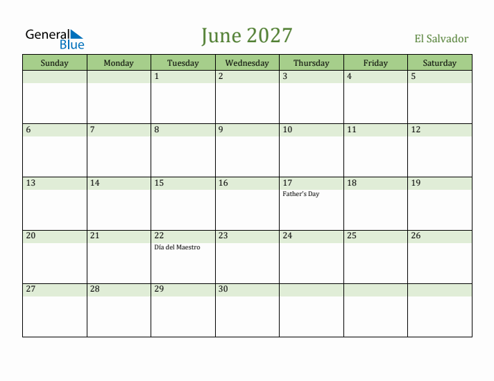 June 2027 Calendar with El Salvador Holidays