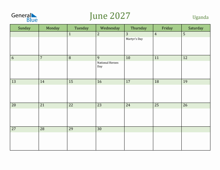 June 2027 Calendar with Uganda Holidays