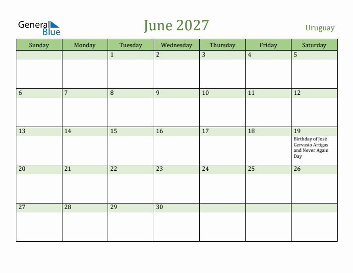 June 2027 Calendar with Uruguay Holidays