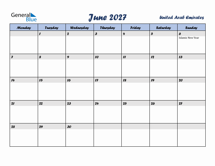 June 2027 Calendar with Holidays in United Arab Emirates