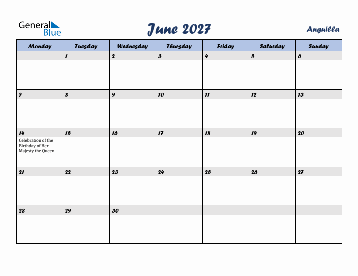 June 2027 Calendar with Holidays in Anguilla