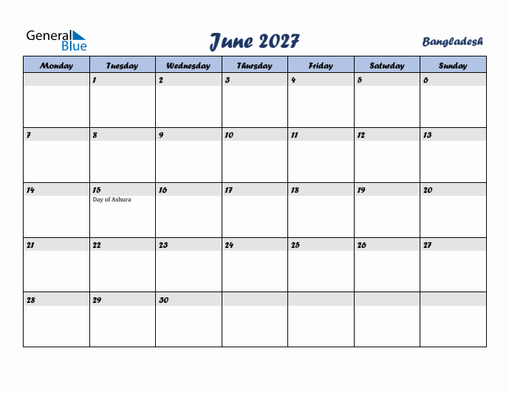 June 2027 Calendar with Holidays in Bangladesh