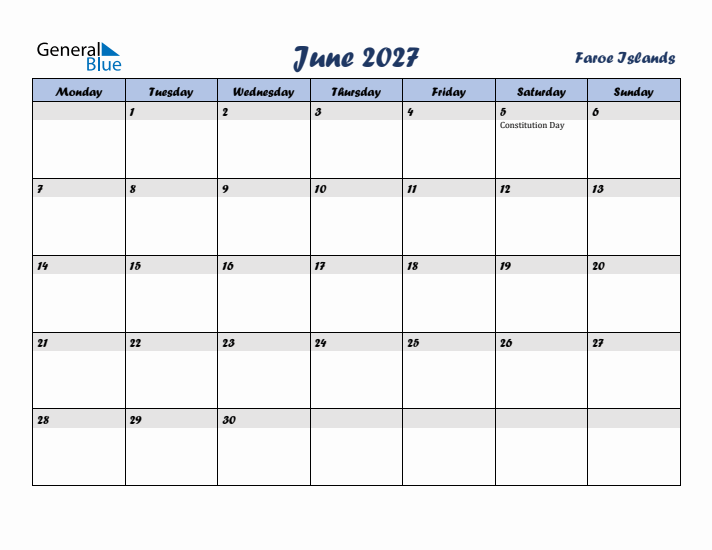 June 2027 Calendar with Holidays in Faroe Islands