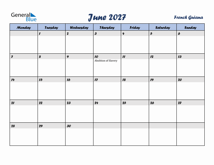 June 2027 Calendar with Holidays in French Guiana