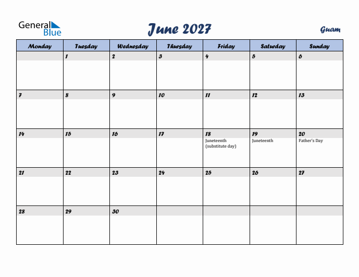 June 2027 Calendar with Holidays in Guam