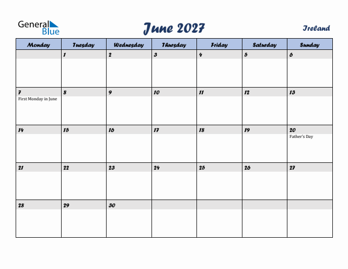 June 2027 Calendar with Holidays in Ireland