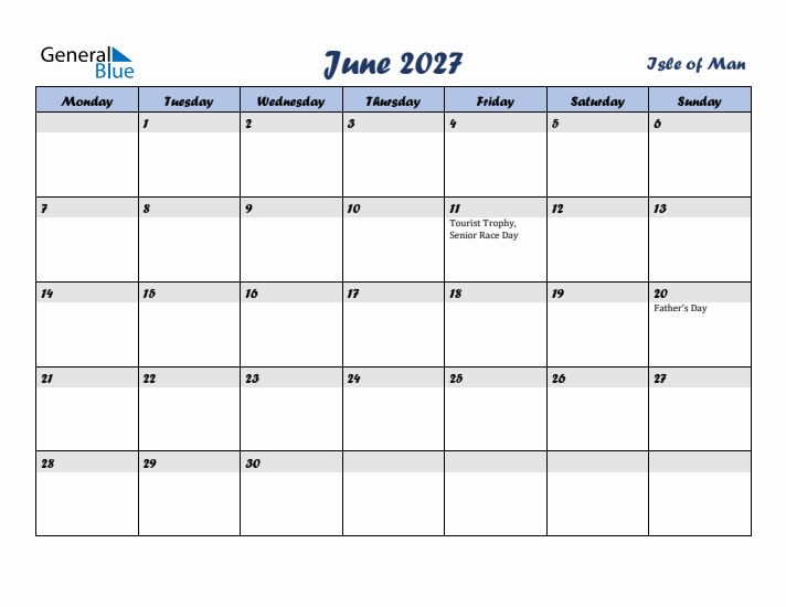 June 2027 Calendar with Holidays in Isle of Man