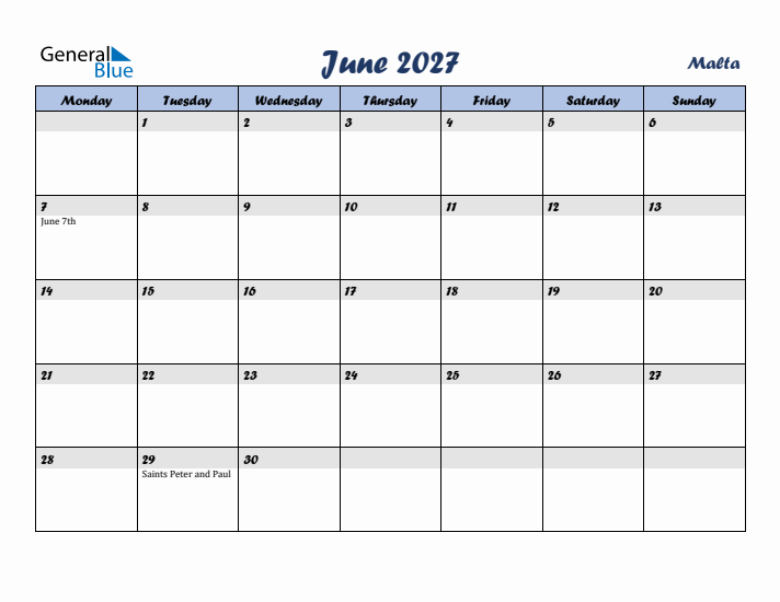 June 2027 Calendar with Holidays in Malta