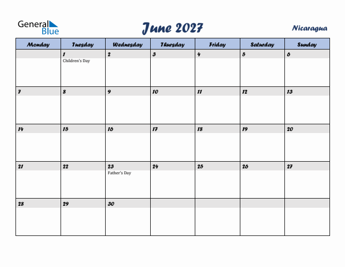 June 2027 Calendar with Holidays in Nicaragua