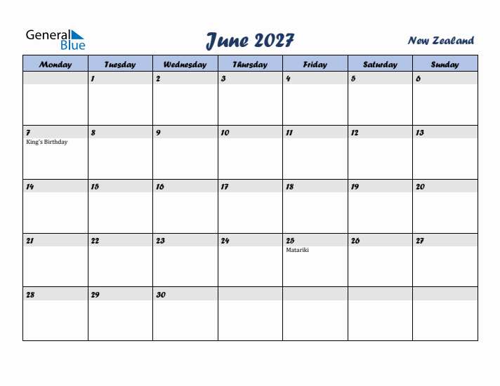 June 2027 Calendar with Holidays in New Zealand