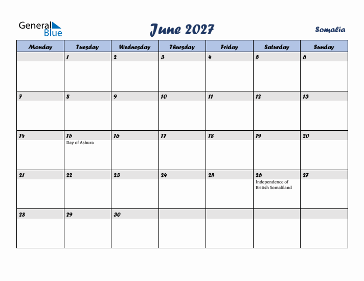 June 2027 Calendar with Holidays in Somalia