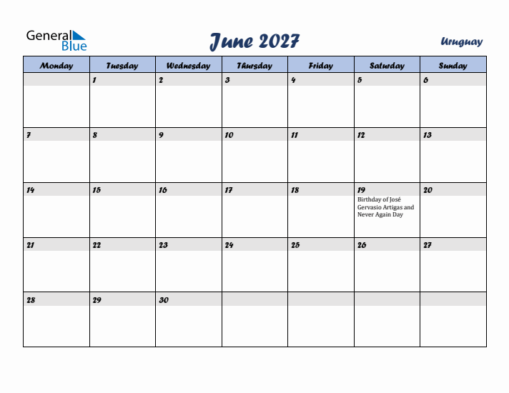 June 2027 Calendar with Holidays in Uruguay