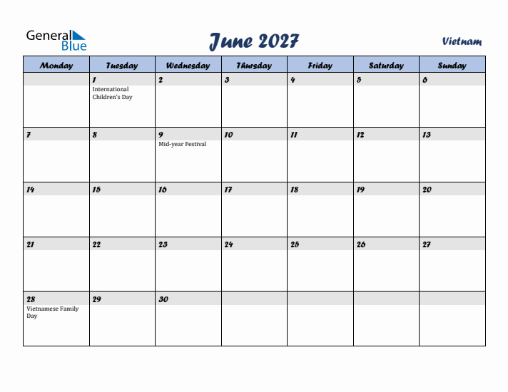 June 2027 Calendar with Holidays in Vietnam