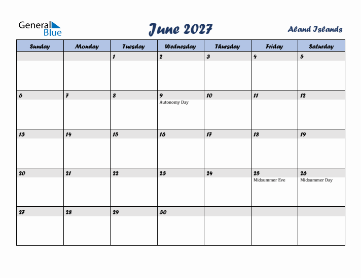 June 2027 Calendar with Holidays in Aland Islands