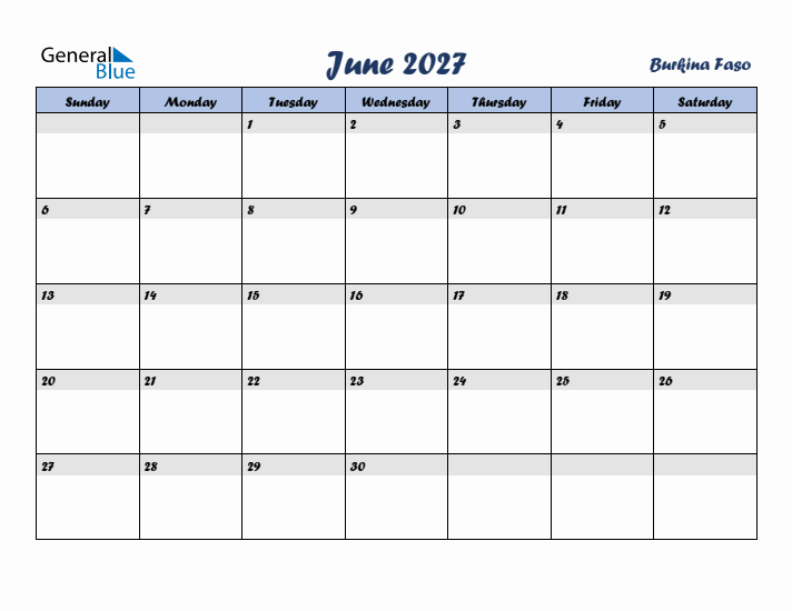 June 2027 Calendar with Holidays in Burkina Faso