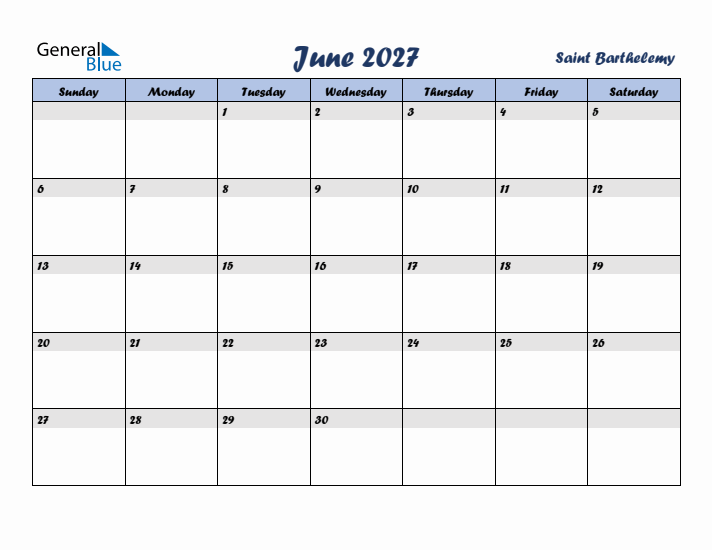 June 2027 Calendar with Holidays in Saint Barthelemy