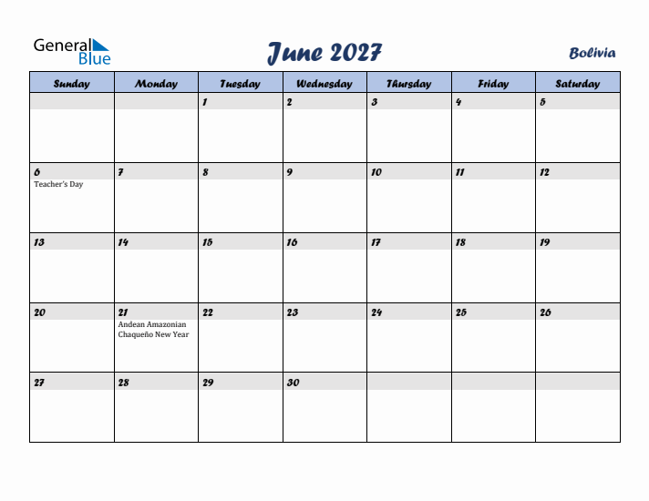 June 2027 Calendar with Holidays in Bolivia