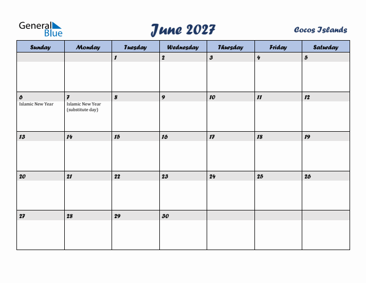 June 2027 Calendar with Holidays in Cocos Islands