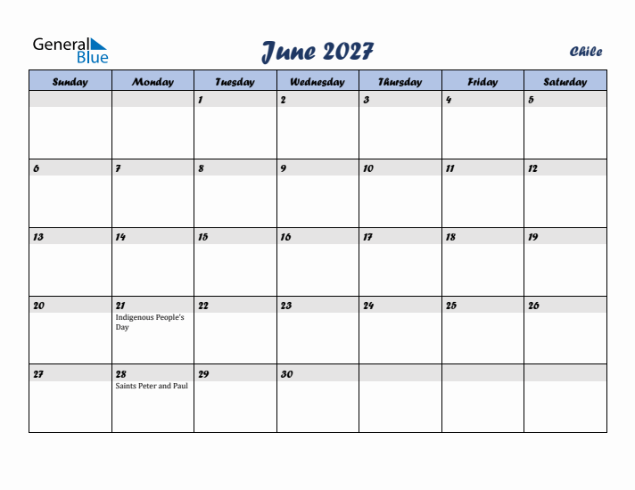 June 2027 Calendar with Holidays in Chile